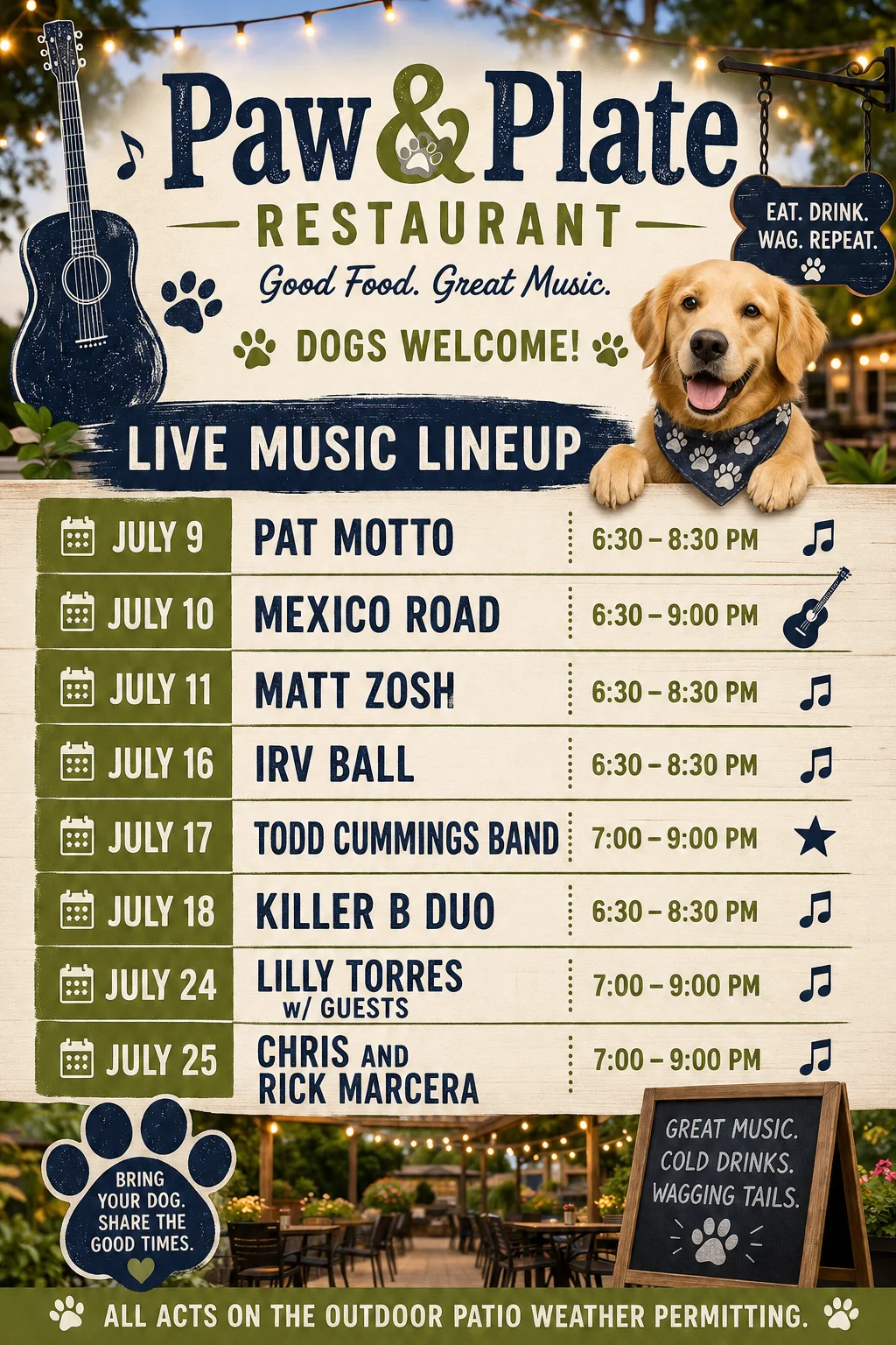 Outdoor music event at a dog-friendly restaurant with a golden retriever.
