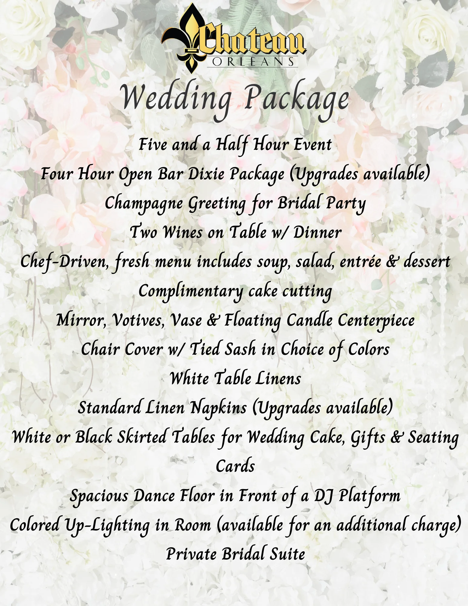 Elegant wedding package details at Chateau Orleans