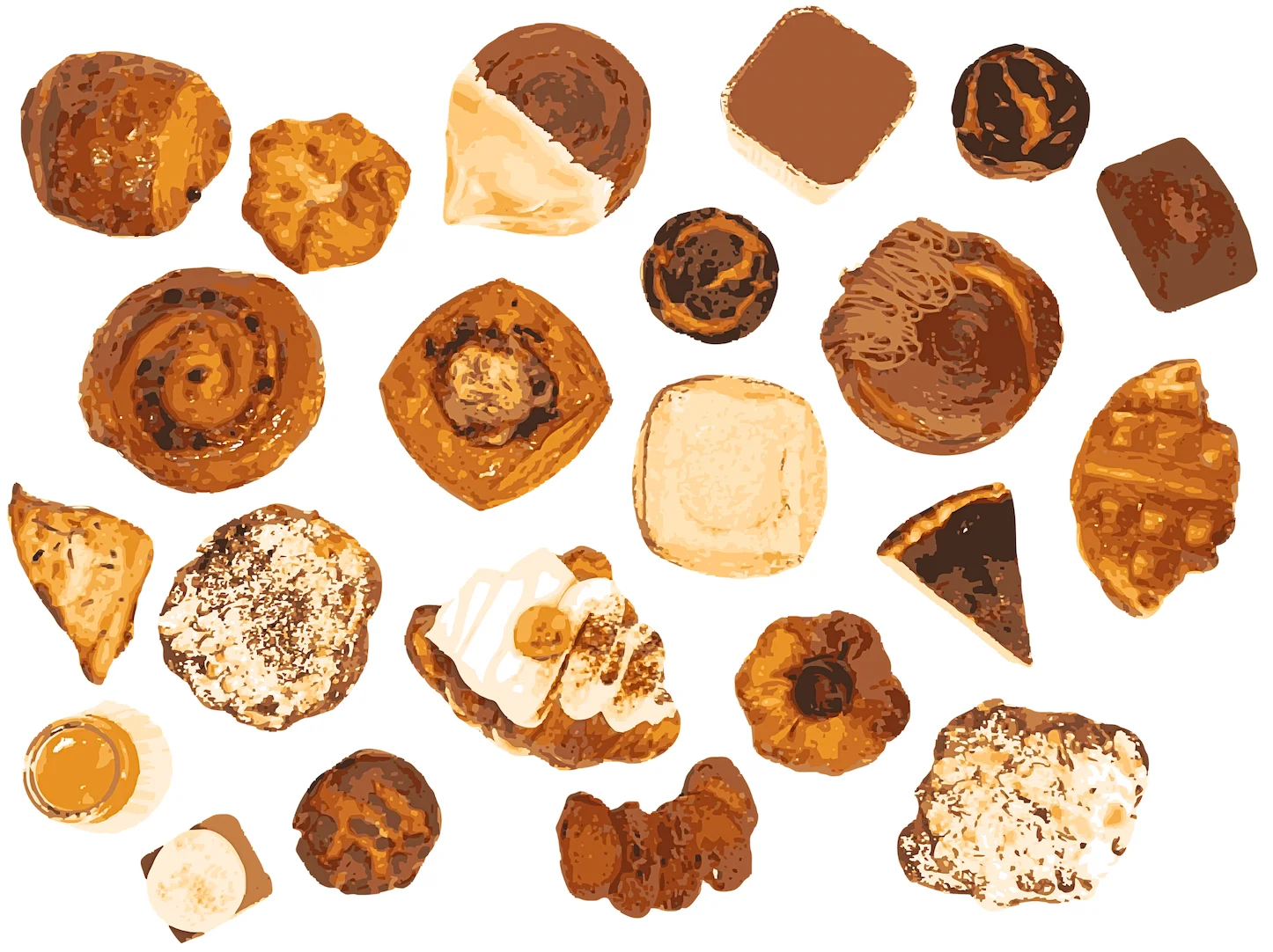 Assorted pastries and desserts on a white background