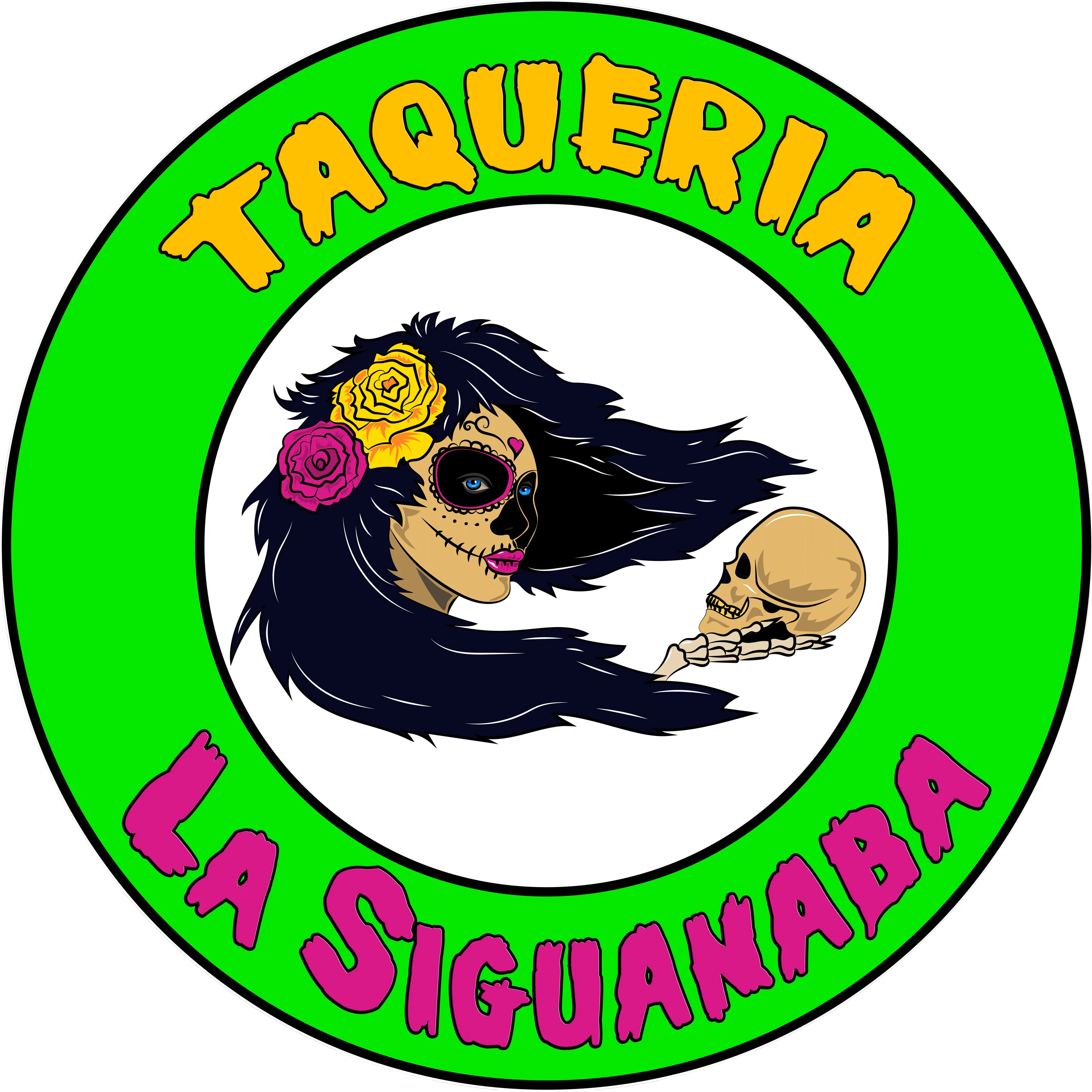 A vibrant logo featuring a stylized female figure with sugar skull makeup, surrounded by floral designs, representing a taqueria.