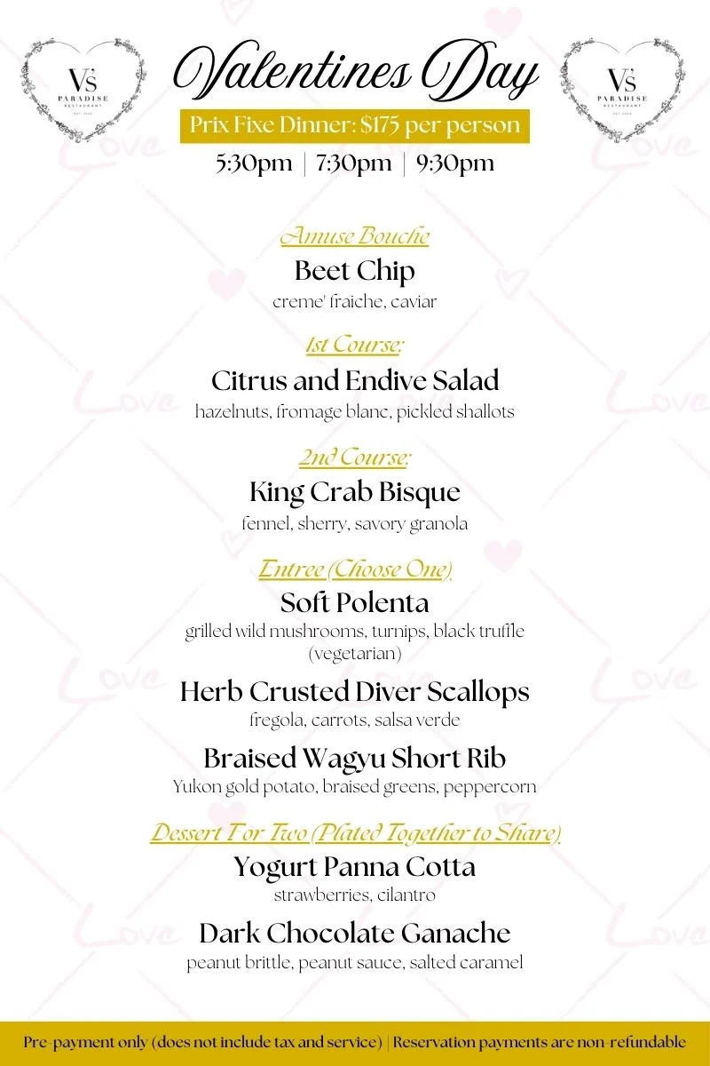 Valentine's Day prix fixe dinner menu at a fine dining restaurant