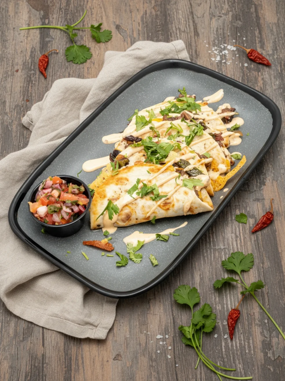 quesadilla dish on a wood table