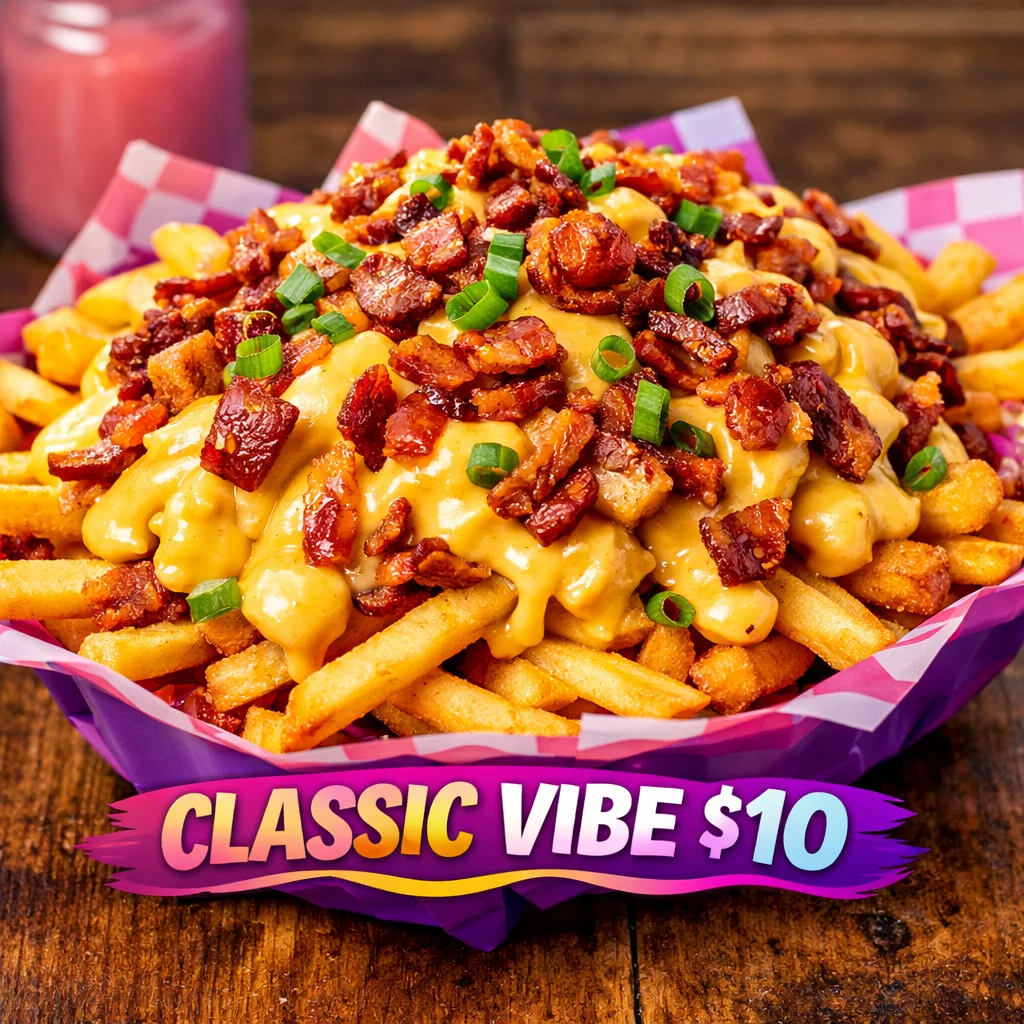 A large serving of fries topped with cheese sauce and crispy bacon bits, garnished with chopped green onions, served in a vibrant basket.