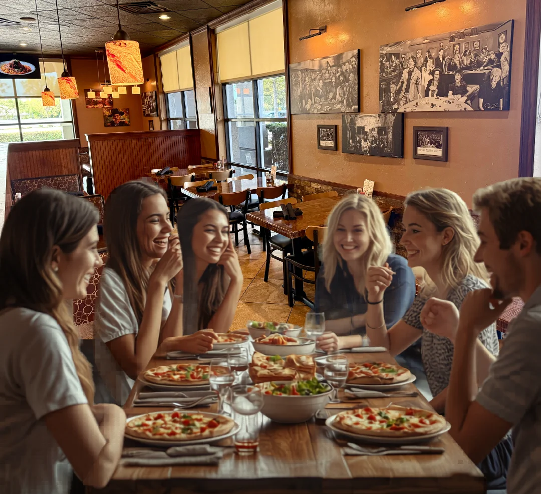 Cozy restaurant interior with friends enjoying lunch specials