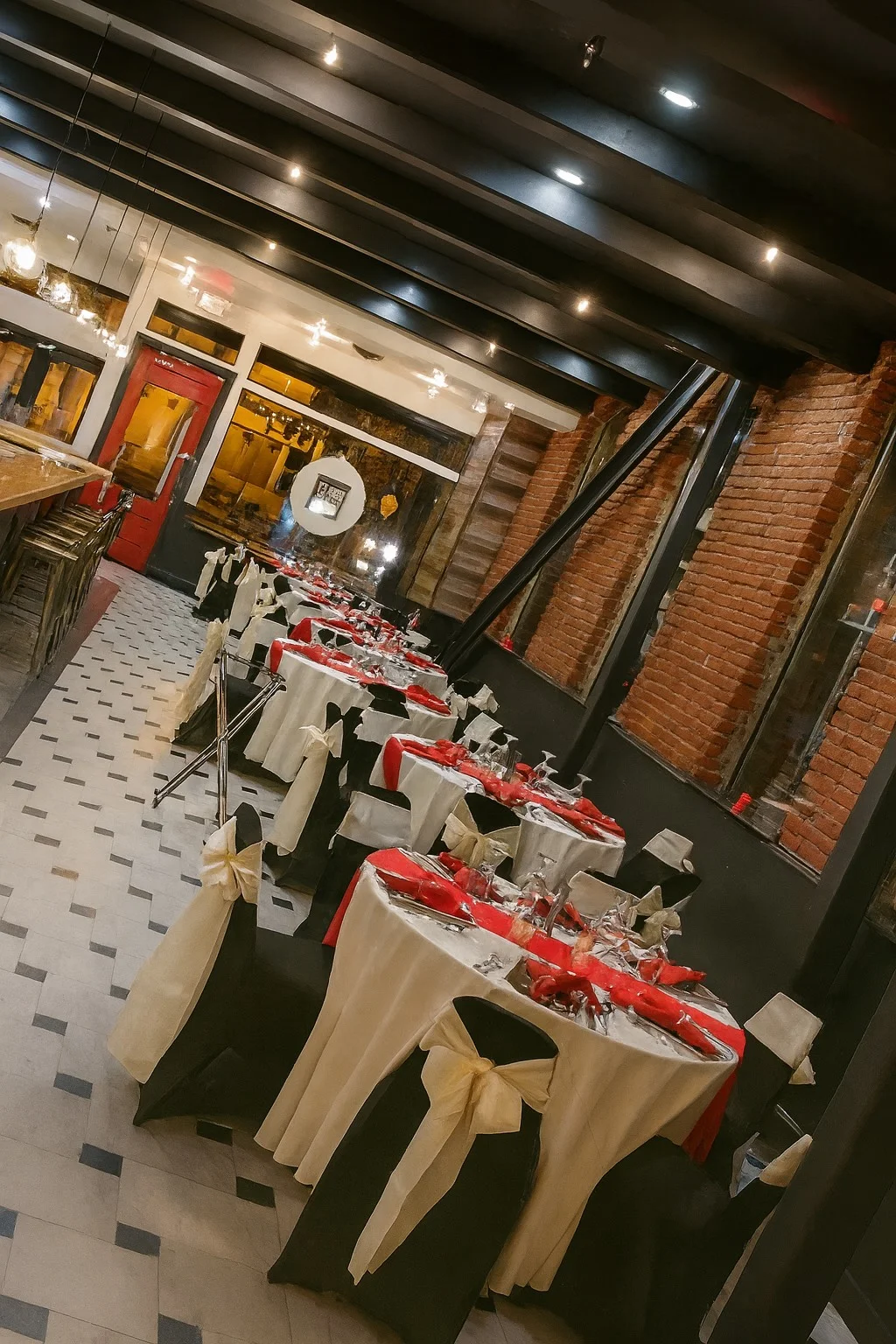 Elegant restaurant interior with red and black decor