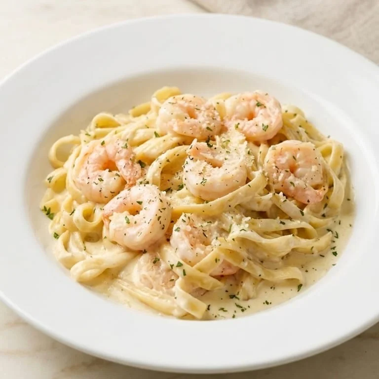 Shrimp fettuccine Alfredo in a creamy sauce