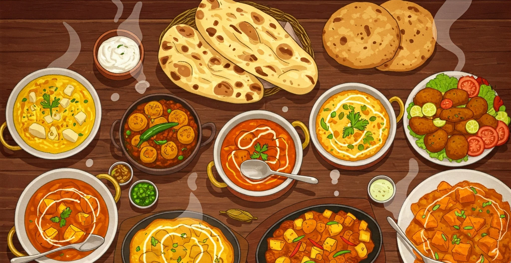 Assorted Indian curries and naan on a wooden table