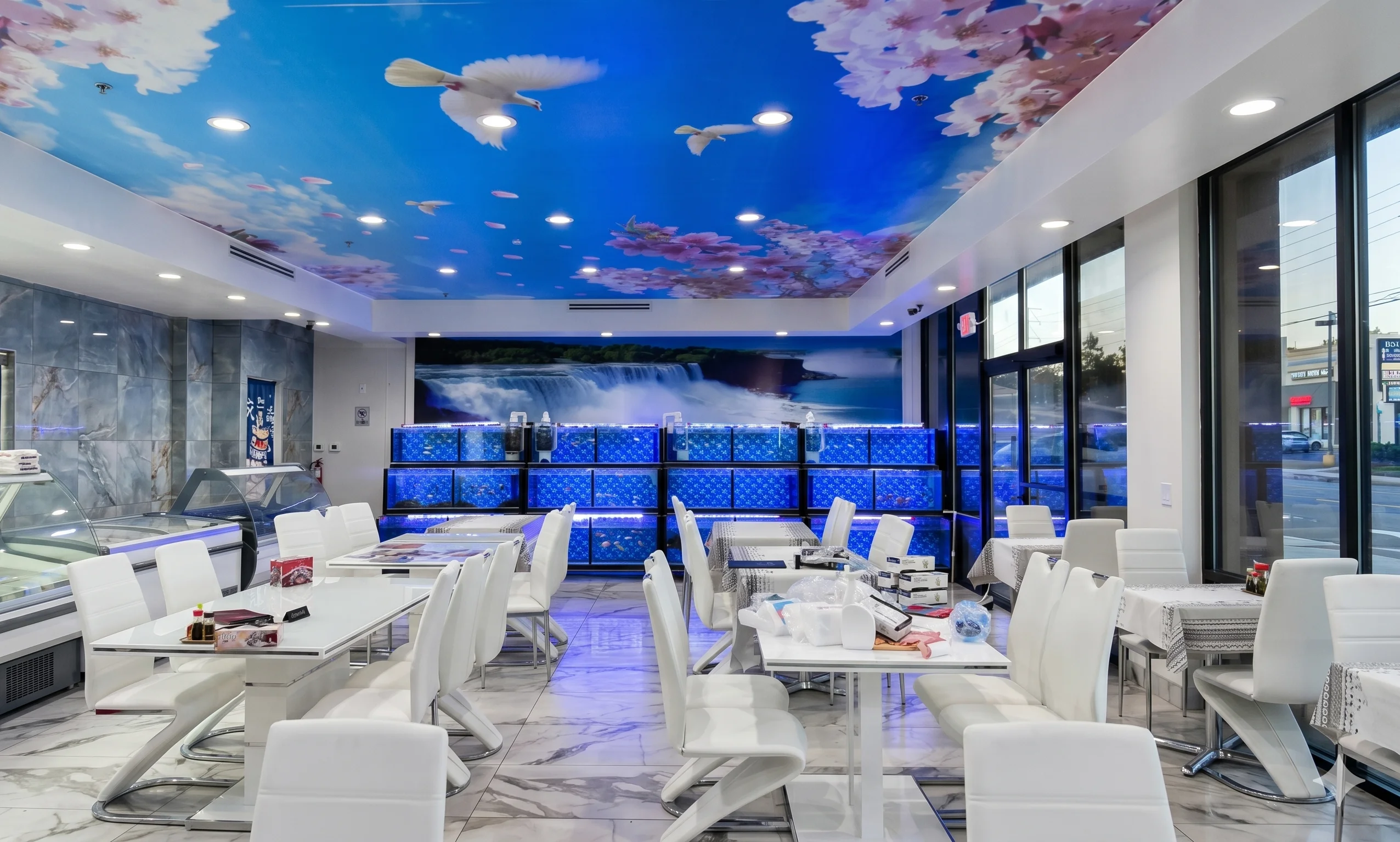 Modern restaurant interior with floral ceiling and aquarium displays.