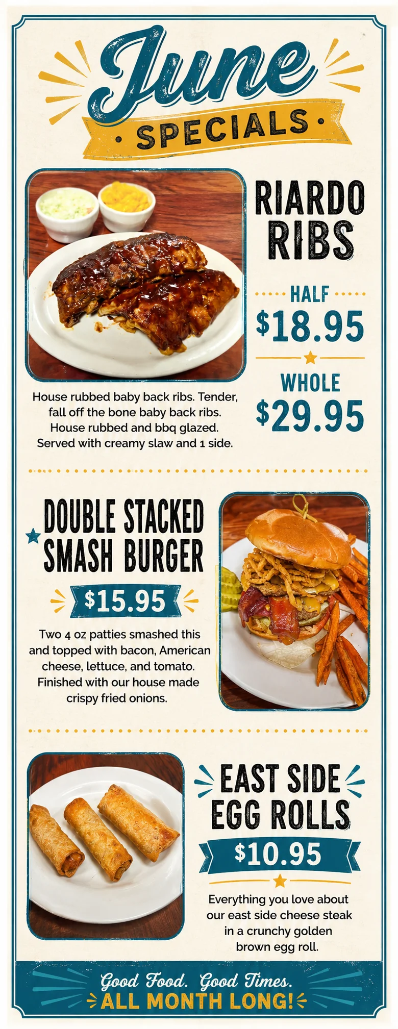 June specials featuring BBQ ribs, smash burger, and egg rolls