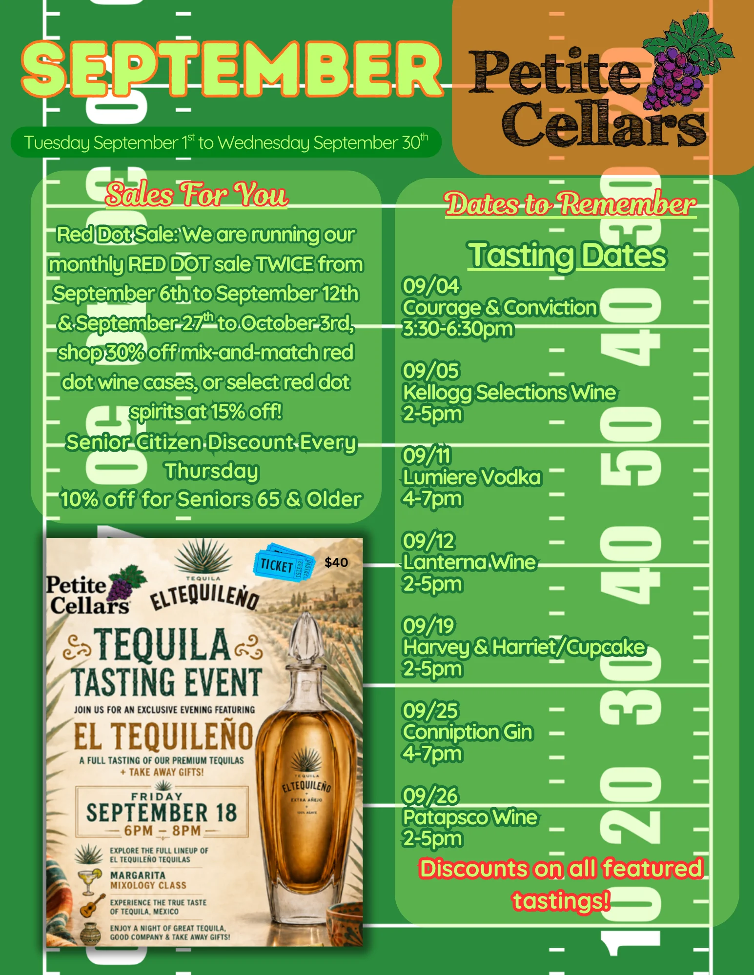 Promotional flyer for June wine and spirit tastings at Petite Cellars