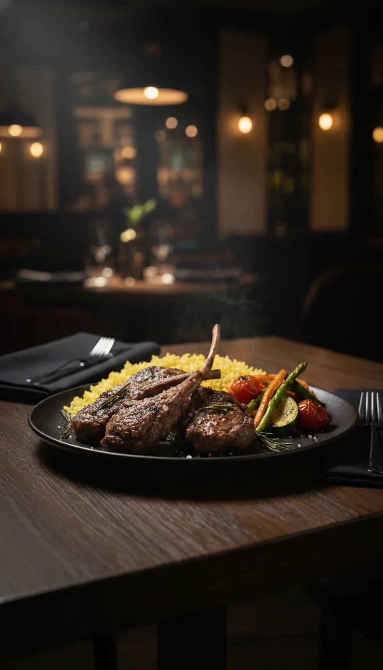 A plate of lamb chops served on a bed of yellow rice, surrounded by grilled vegetables and garnished with fresh herbs.