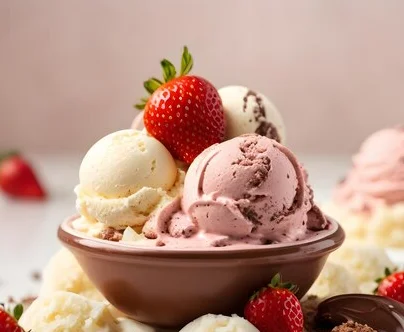 Delicious ice cream sundae with strawberries and chocolate