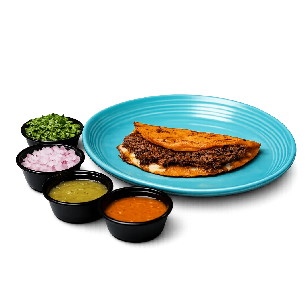 Mexican quesadilla with beef and fresh toppings