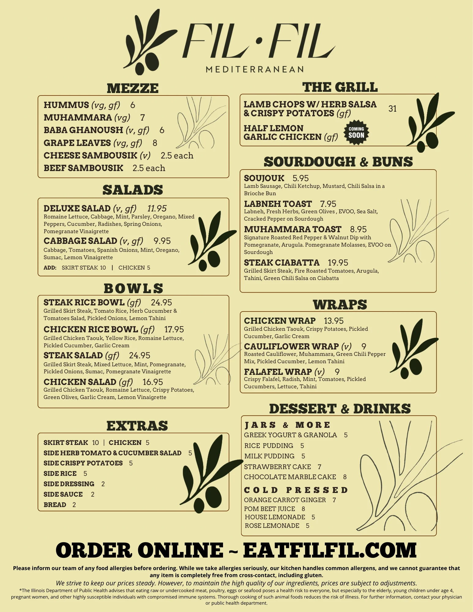 Mediterranean menu featuring hummus, baba ghanoush, and grilled meats