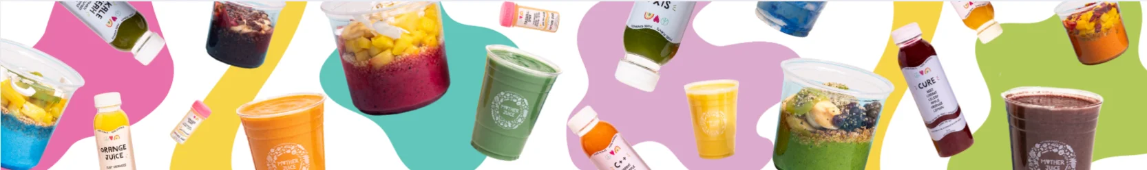 Colorful assortment of fresh juices and smoothies in vibrant cups