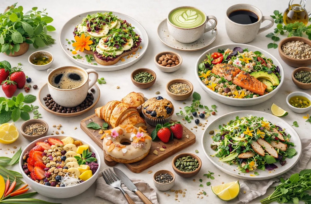 Colorful brunch spread with healthy bowls and pastries