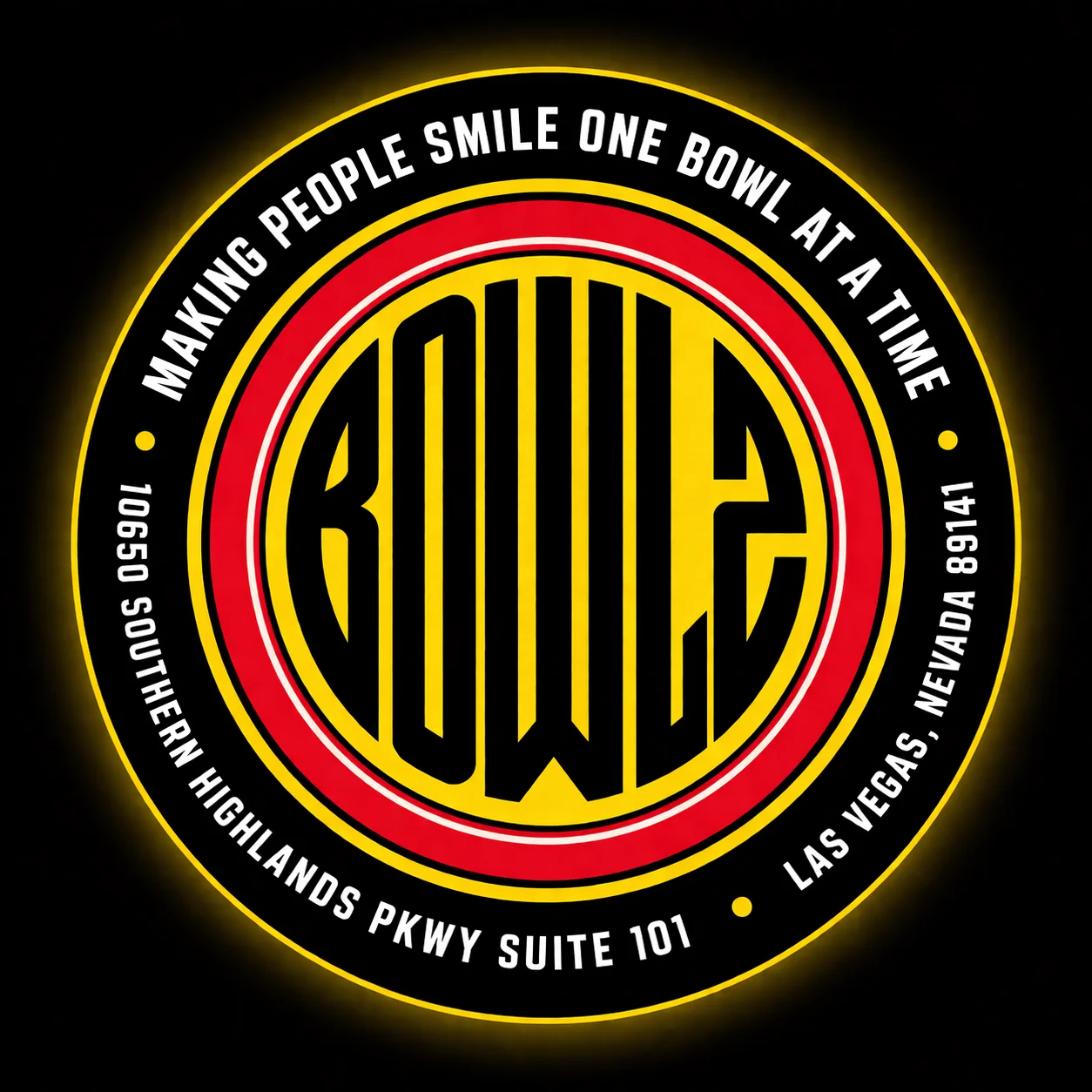 A colorful logo featuring the word 'BOWLZ' surrounded by a circular design with text indicating a location in Las Vegas.