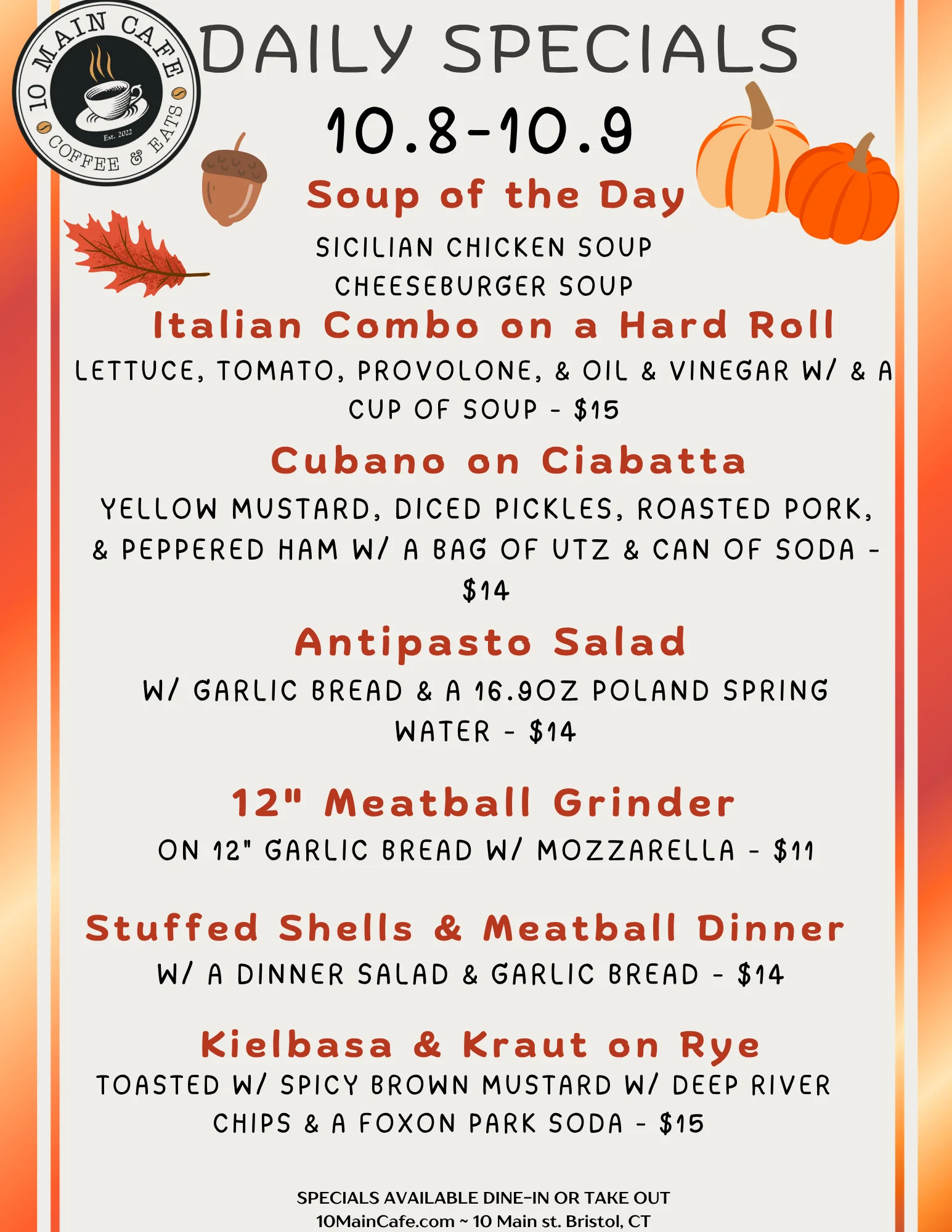 Restaurant daily specials menu poster with seasonal fall illustrations