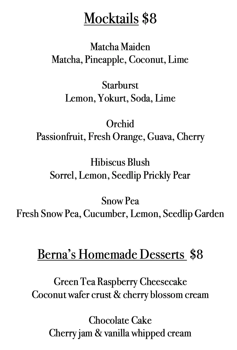 Mocktail and dessert menu featuring unique beverages and homemade sweets
