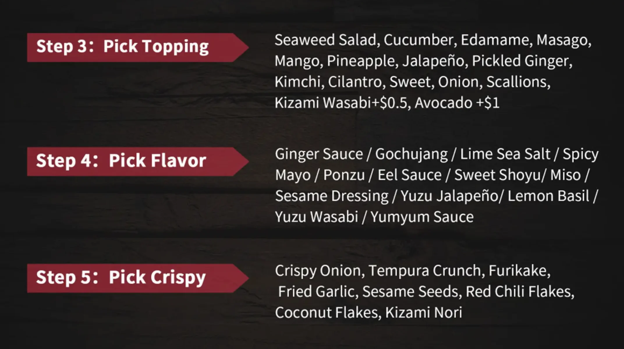 Steps to customize toppings, flavors, and crispy options for a dish.