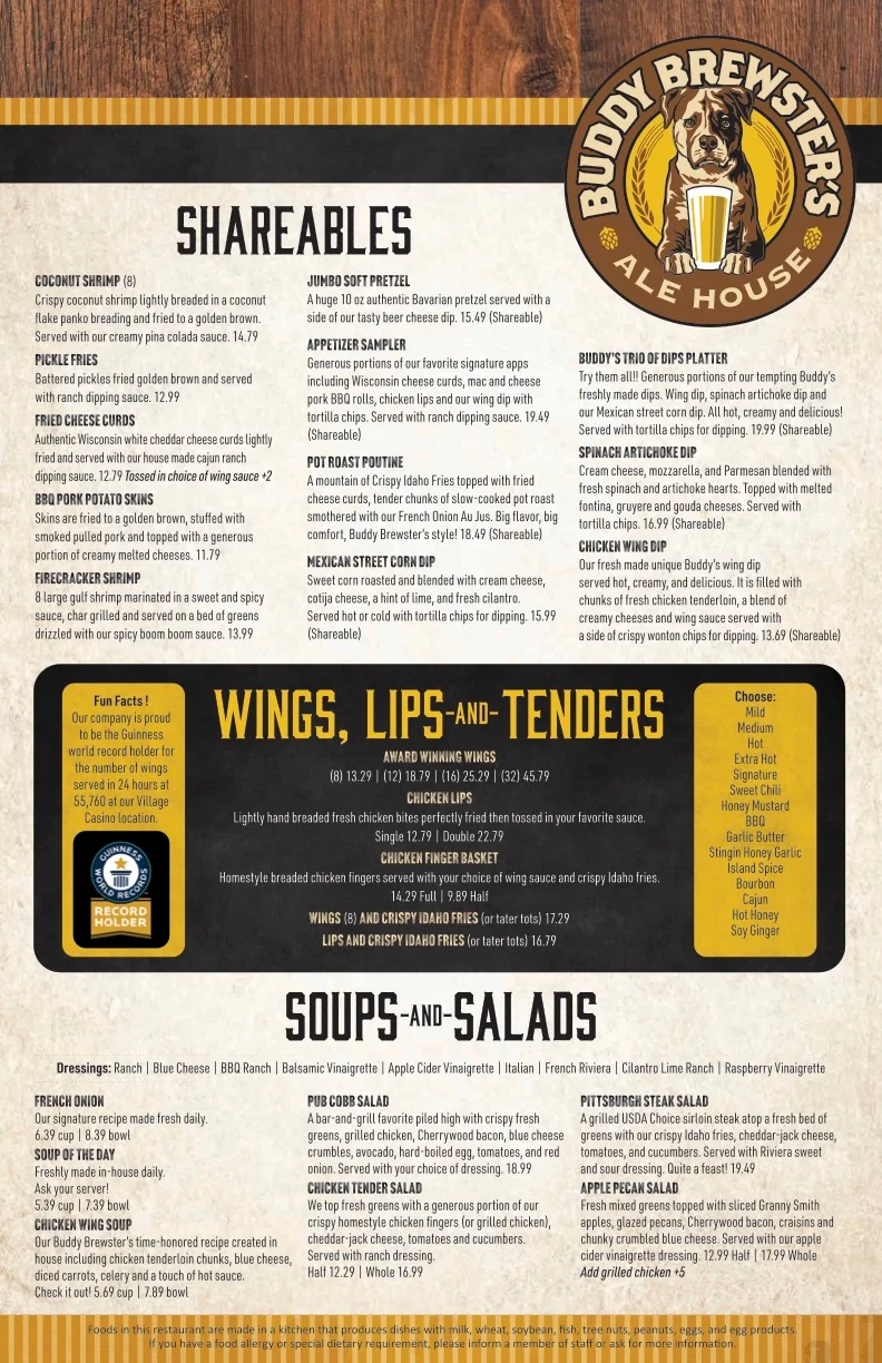 Menu featuring shareable appetizers and wings at a casual American ale house