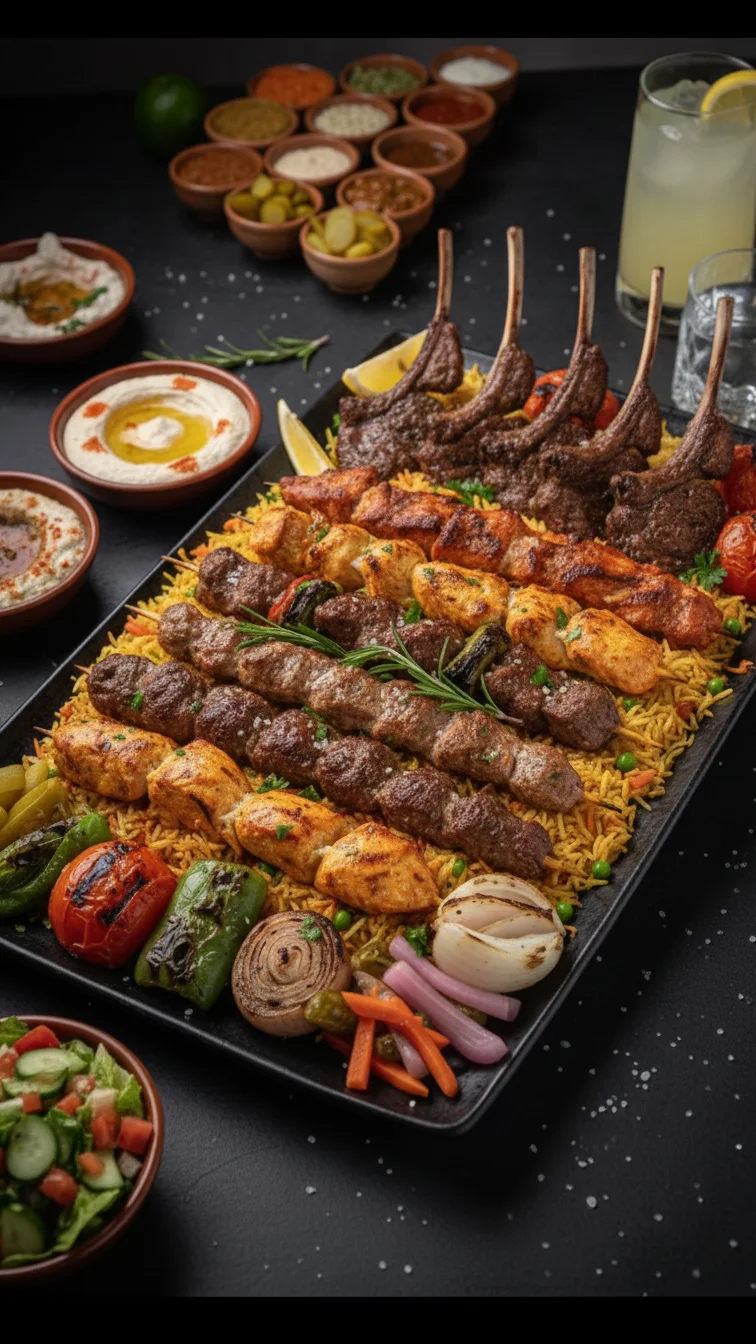 Mixed grill platter featuring kebabs and rice