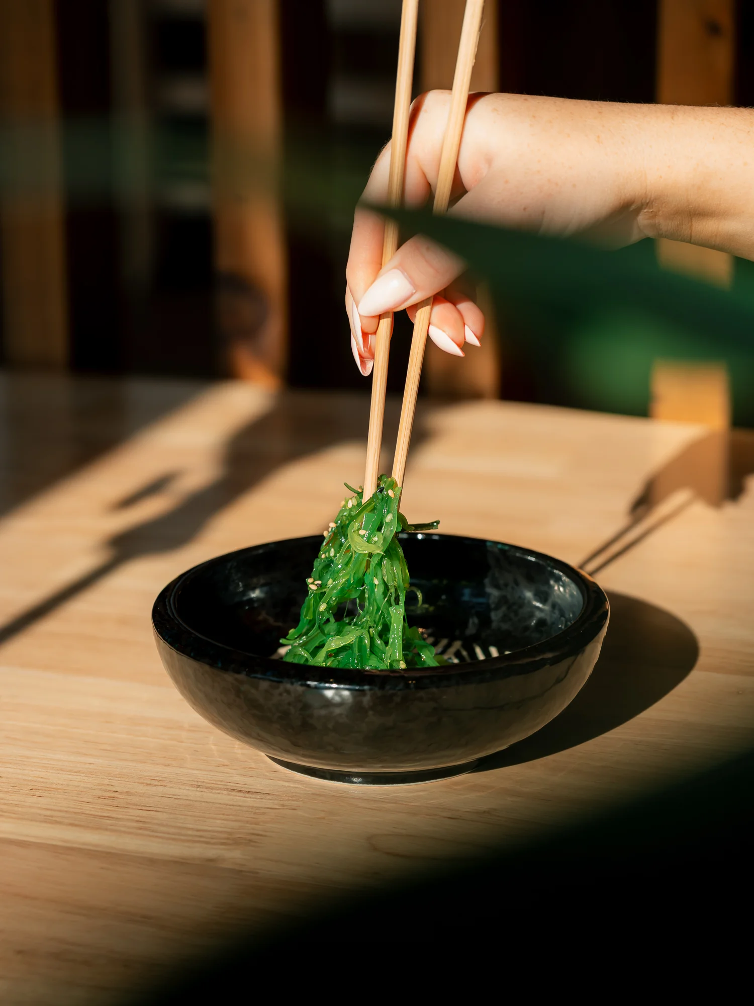 Japanese seaweed salad with chopsticks