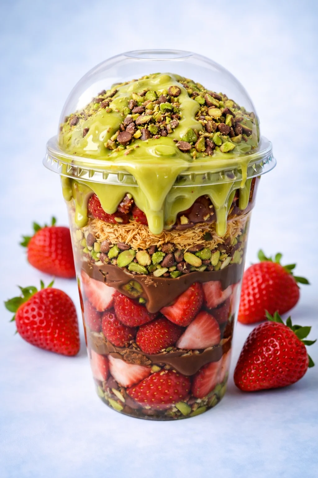 A layered dessert cup filled with strawberries, chocolate, and topped with a creamy green sauce and crushed nuts, presented with fresh strawberries on the side.