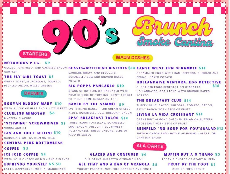 Brunch menu featuring 90's themed dishes and drinks