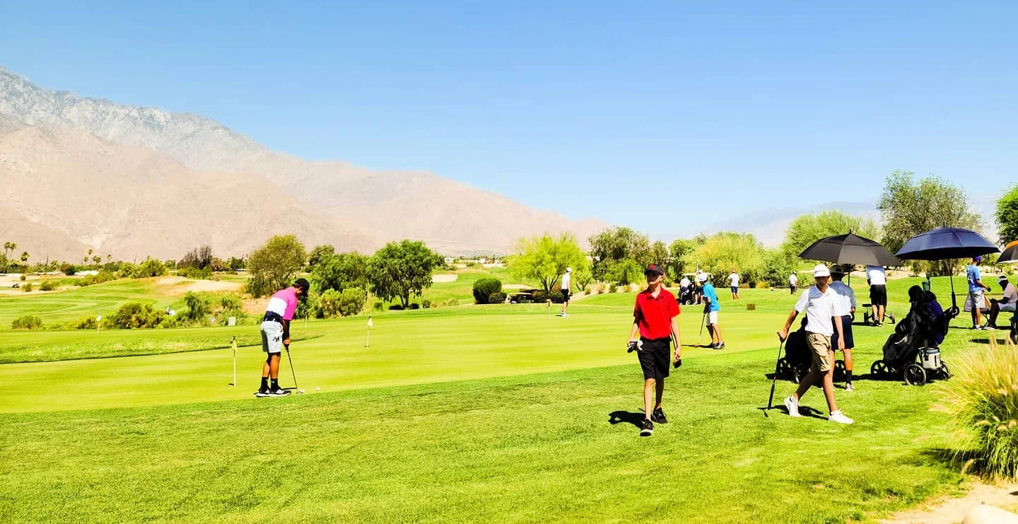 Golfers enjoying a sunny day on a lush green course