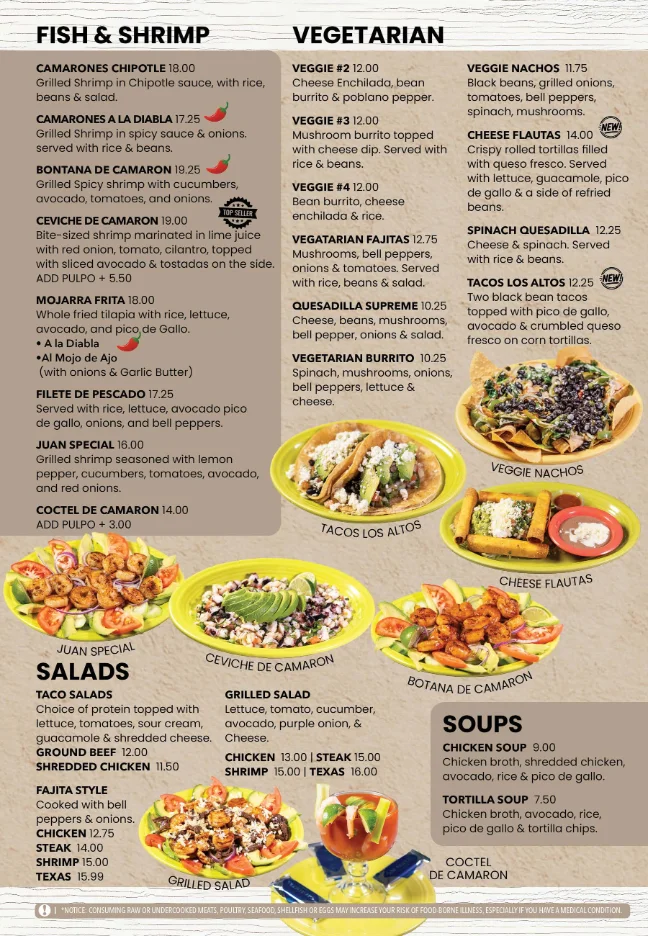 Colorful Mexican menu featuring seafood and vegetarian dishes