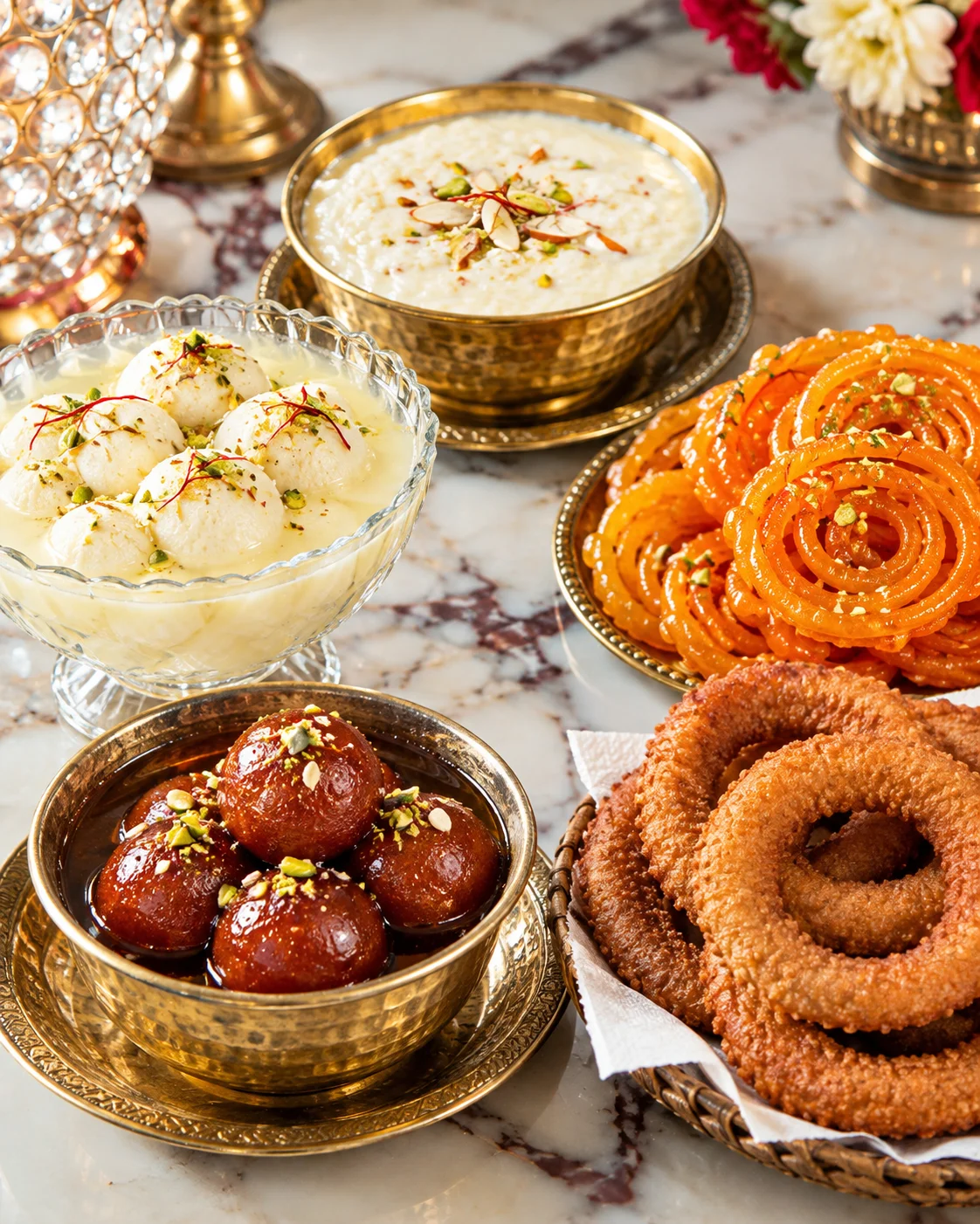 Indian mithai assortment with jalebi, gulab jamun, rasmalai and kheer