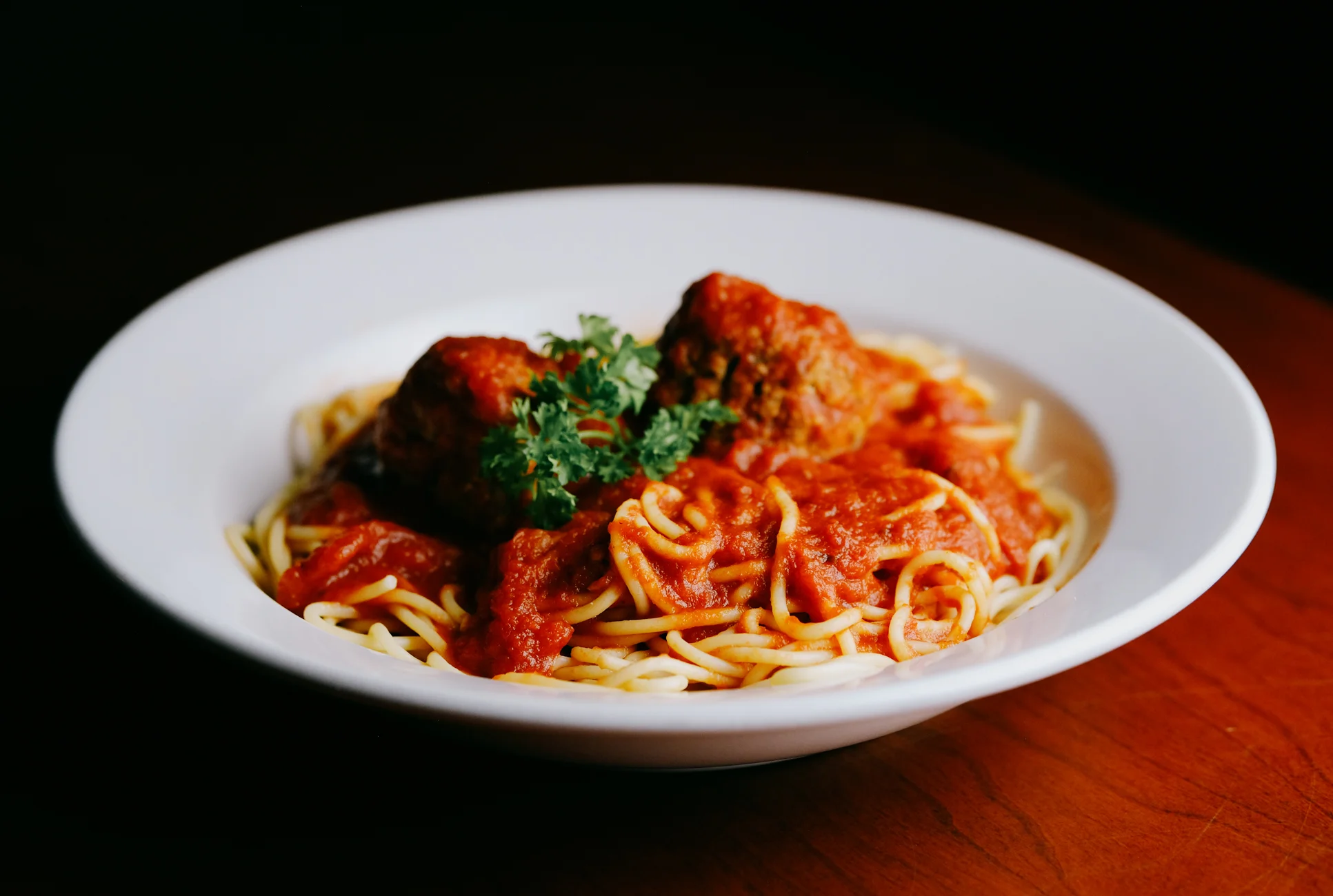 Classic spaghetti and meatballs in marinara sauce