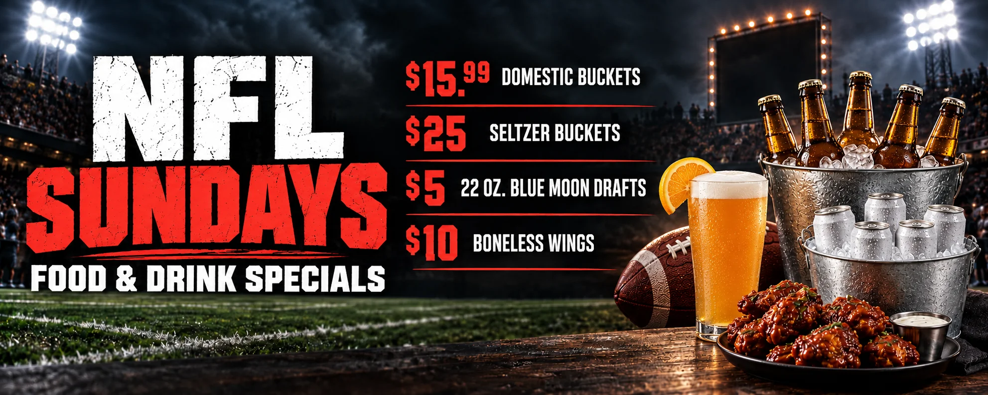 NFL Sunday food and drink specials with beer and wings