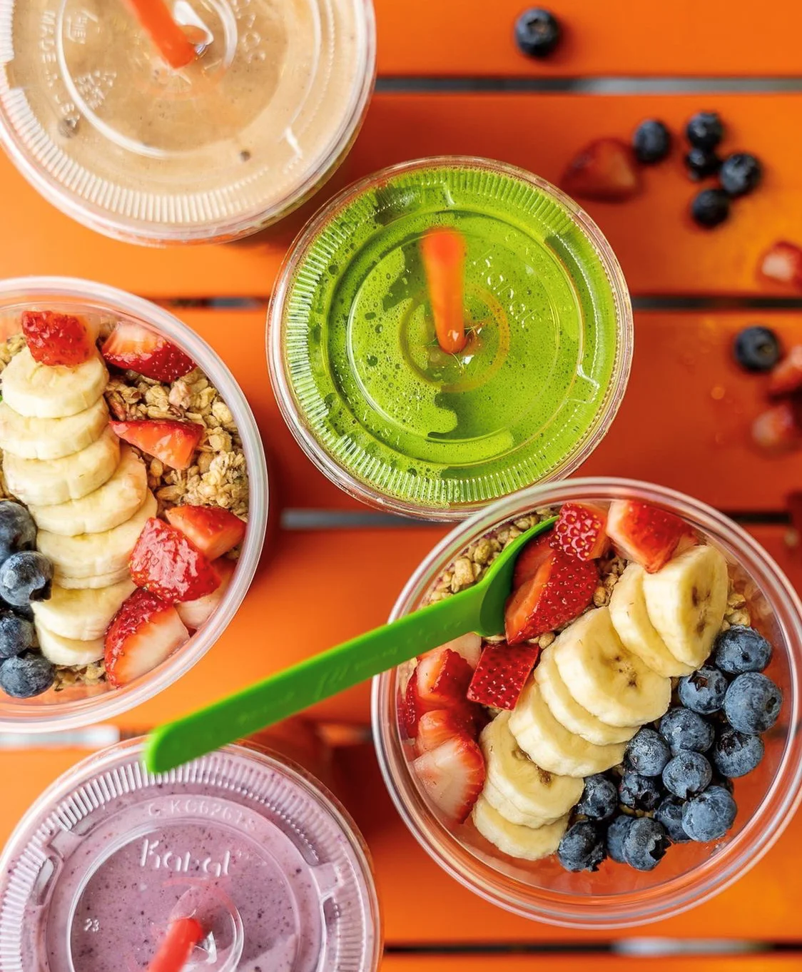 Colorful smoothie bowls with fresh fruits