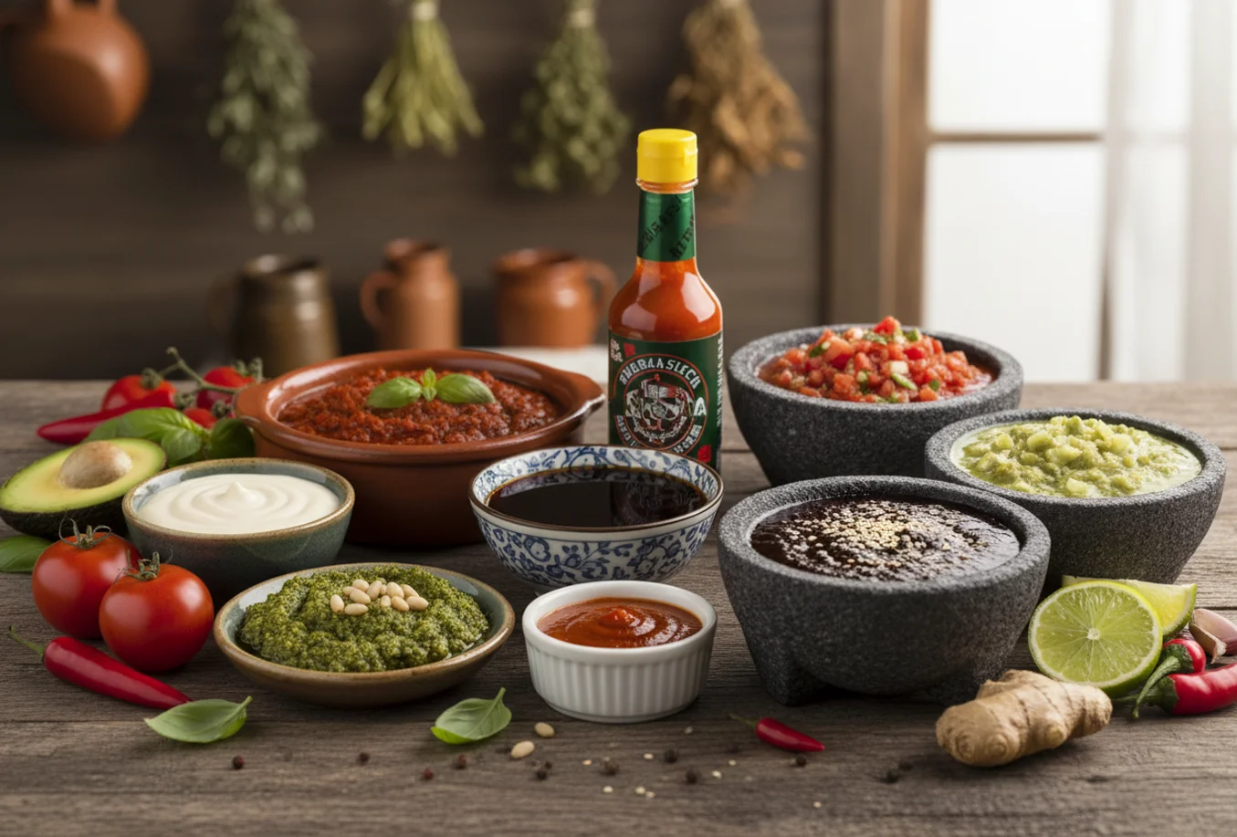 Variety of sauces and condiments arranged on a wooden table.