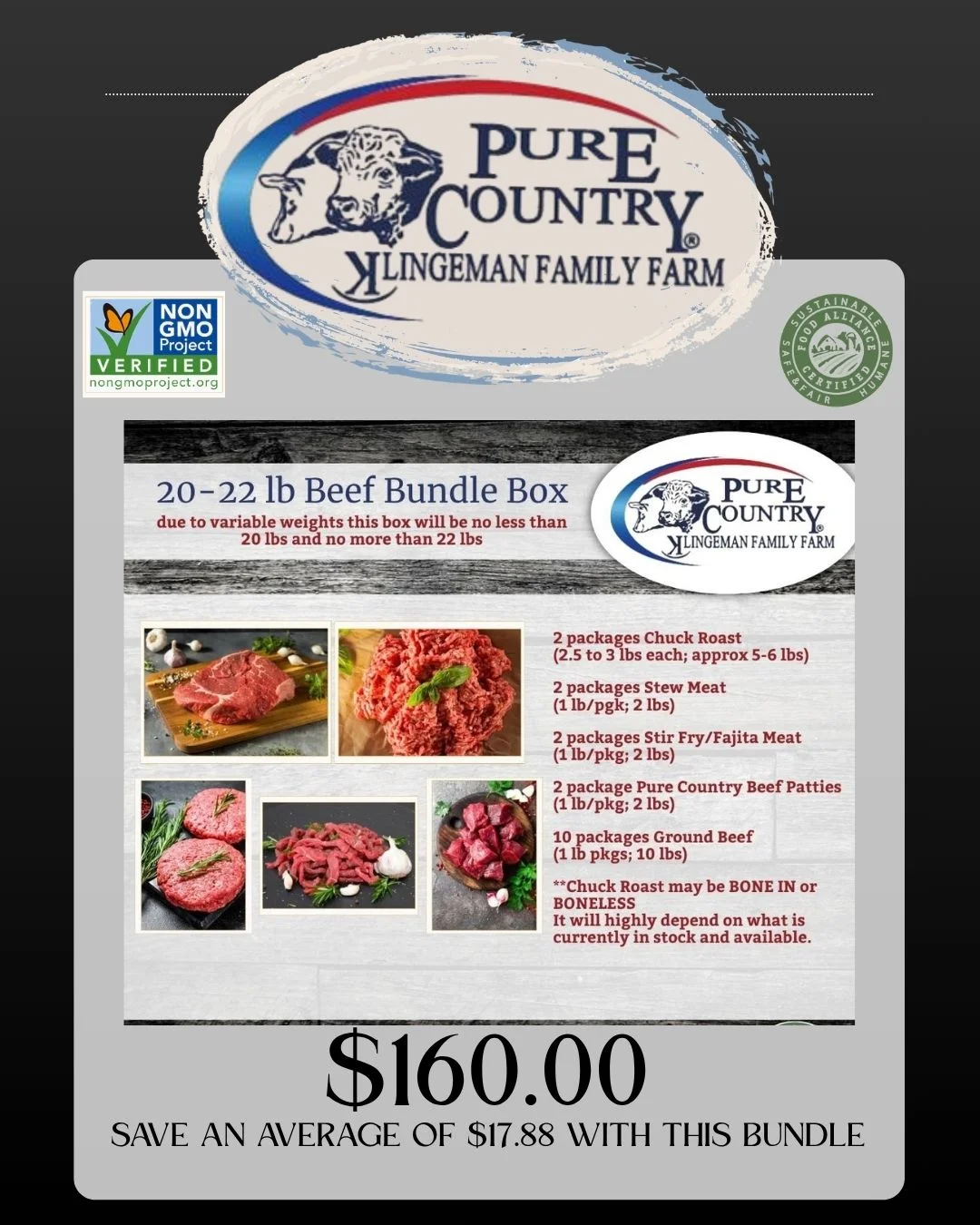 Beef bundle promotional graphic with assorted cuts and ground beef