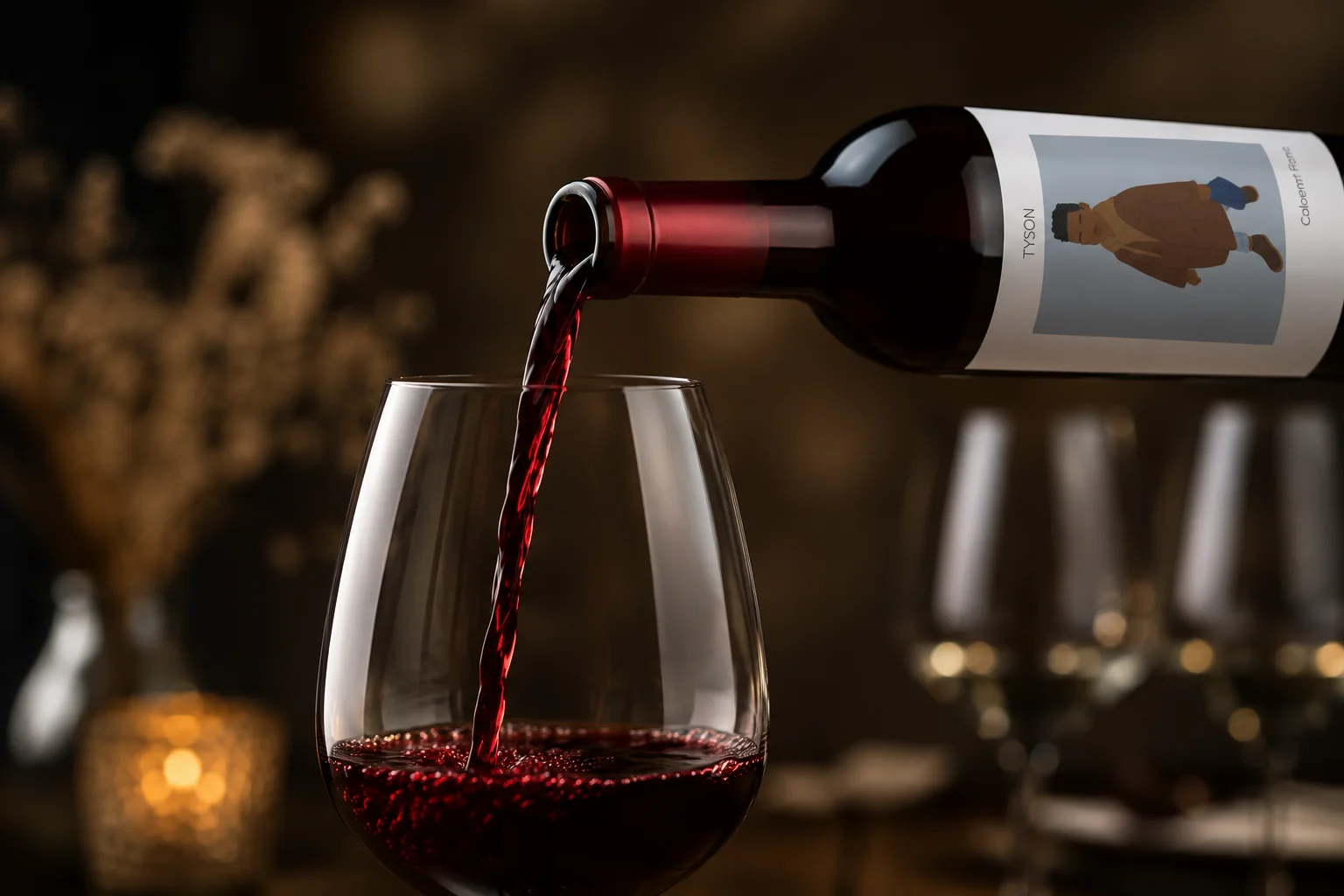 Pouring red wine into a glass at a cozy restaurant setting