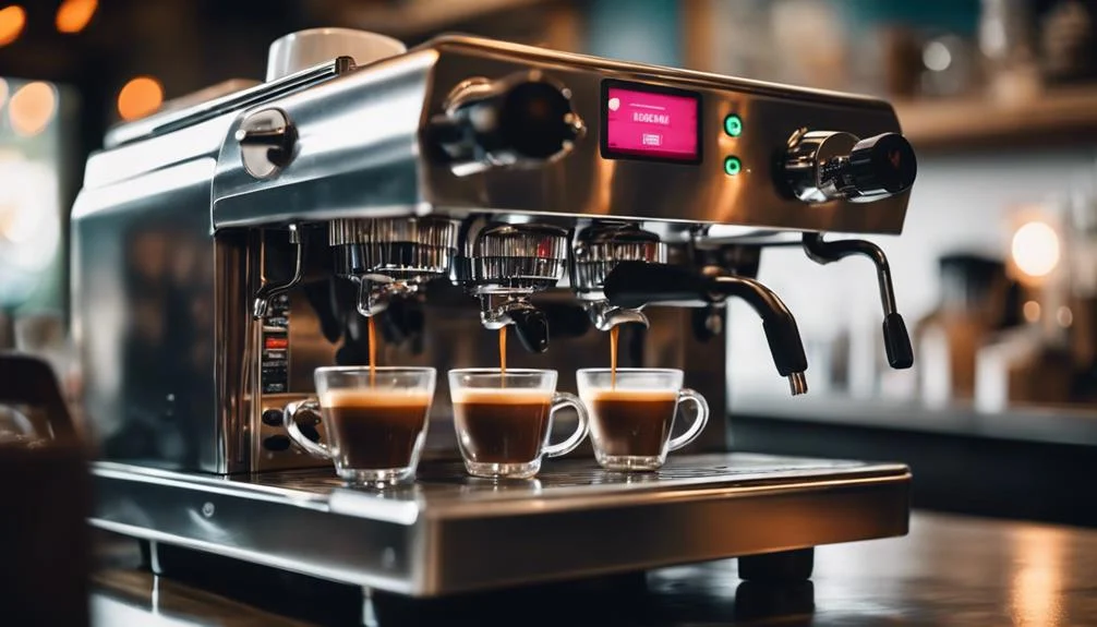 Espresso machine brewing coffee shots in a café