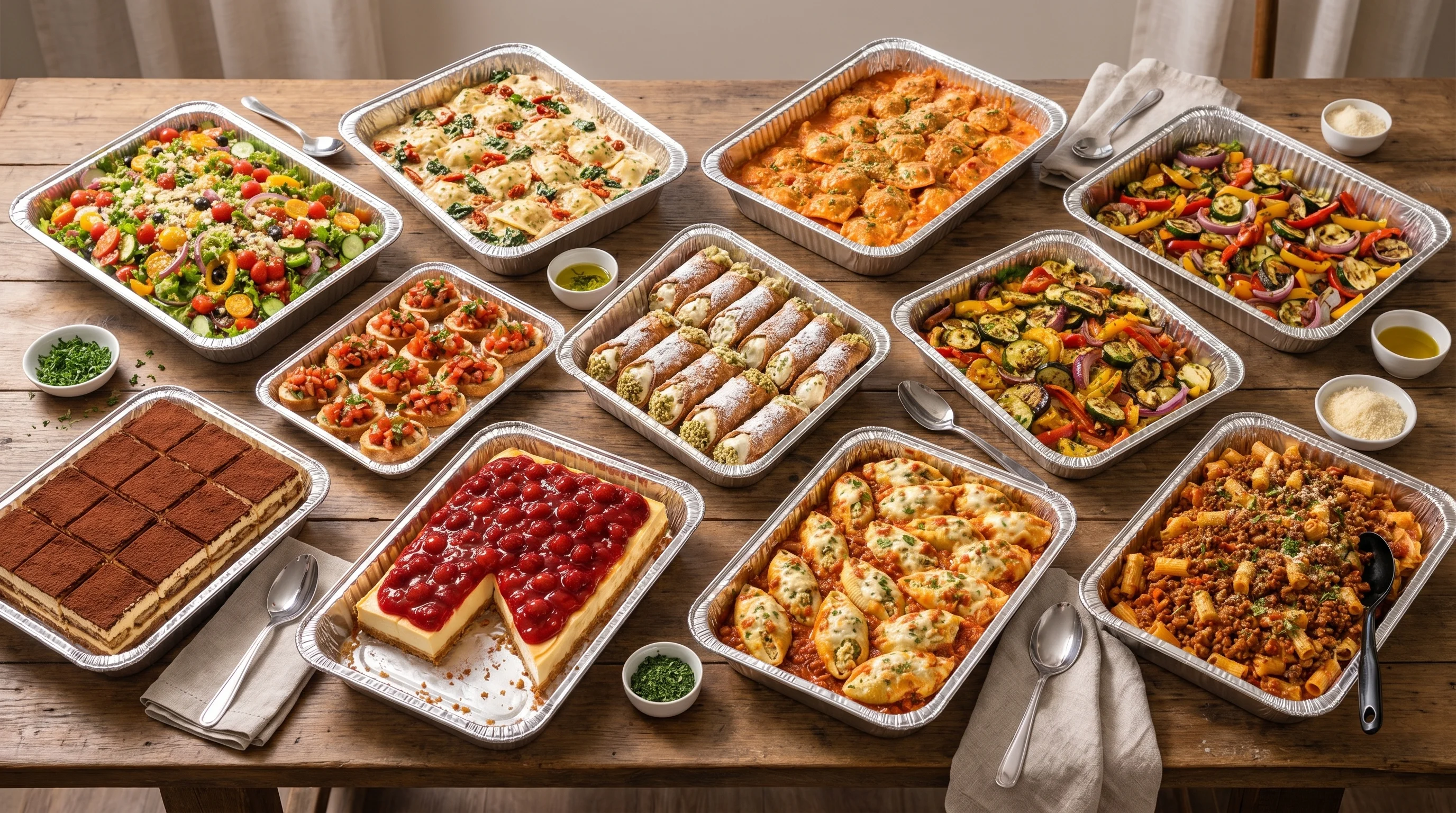 Italian feast with pasta, salads, and desserts on a wooden table