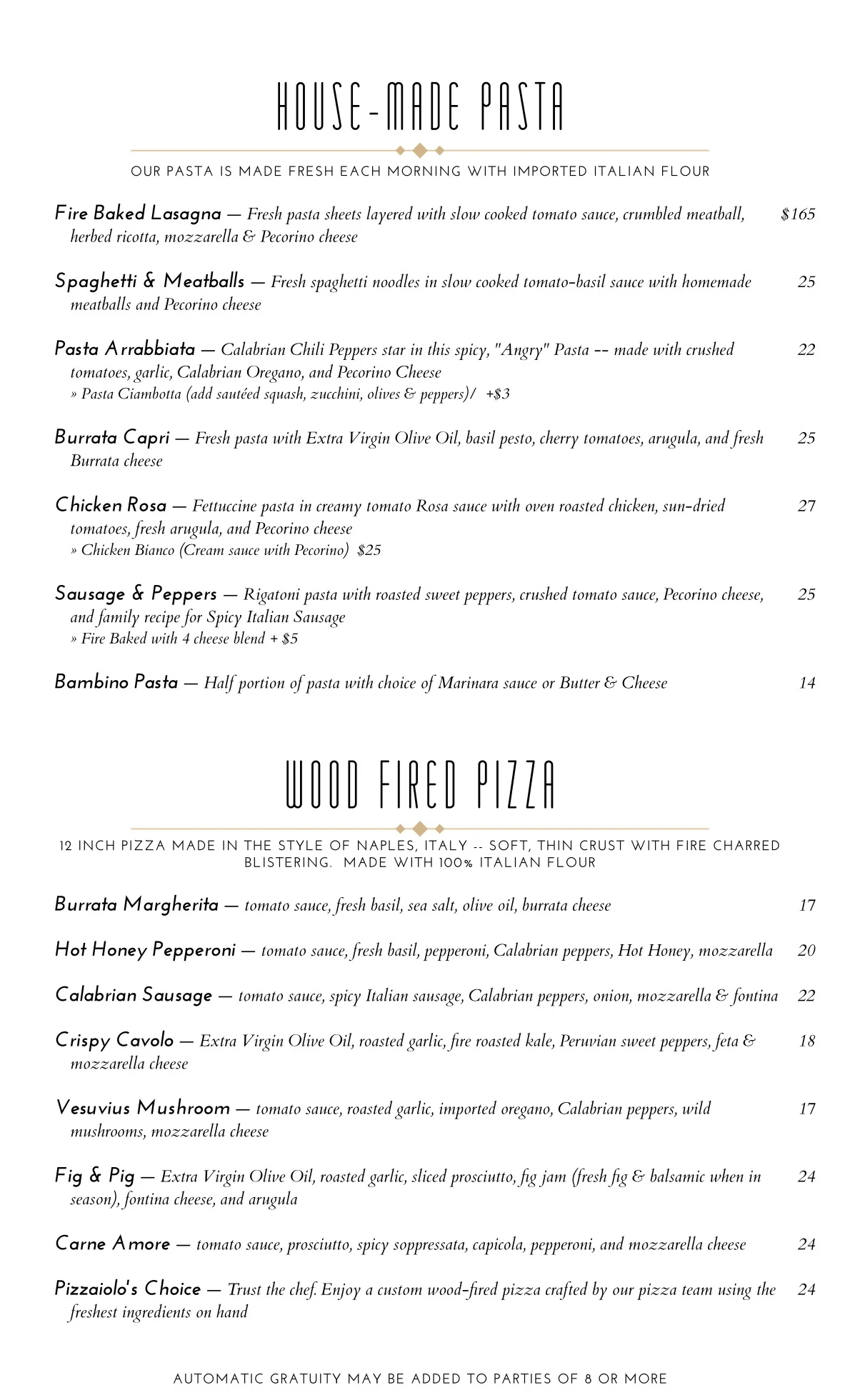 Wood-fired Neapolitan pizza selection