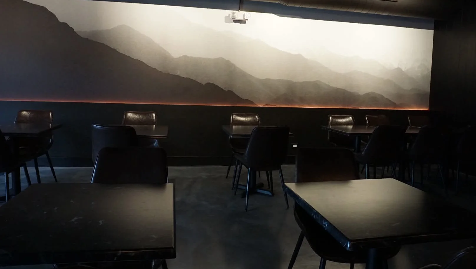 Modern restaurant interior featuring mountain mural and dark furnishings