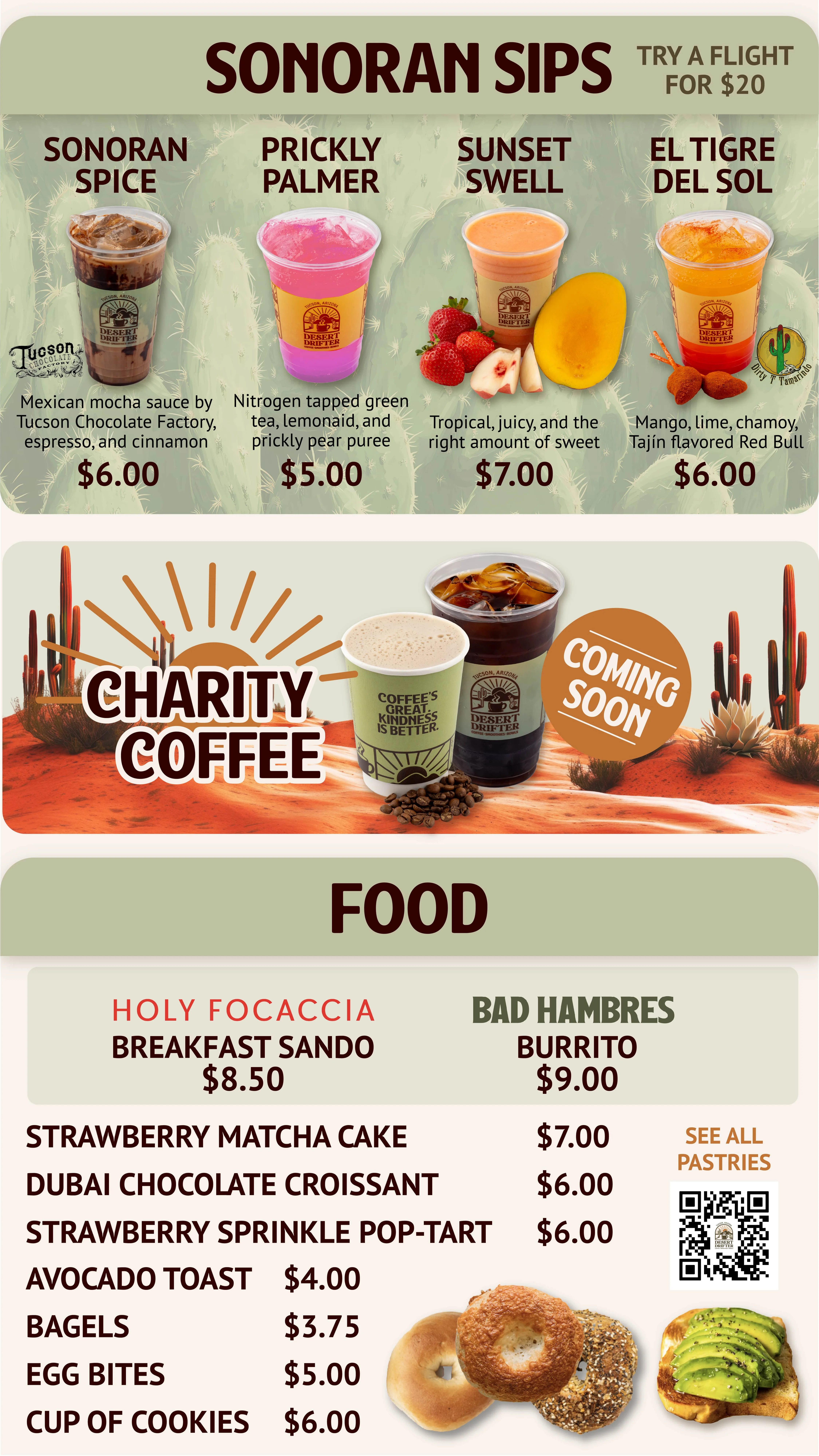 Colorful beverage menu featuring unique drinks and food items
