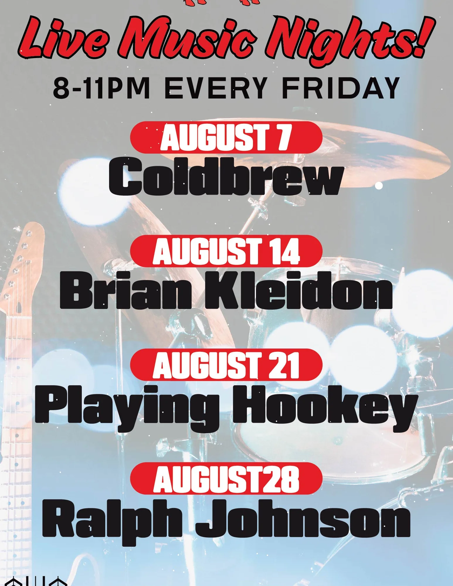 Weekly events schedule for a restaurant with colorful graphics.
