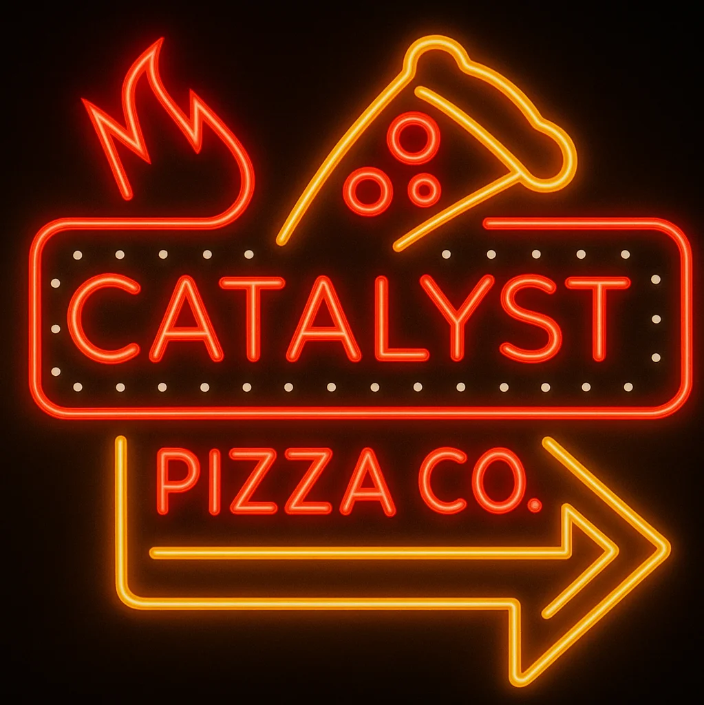 A vibrant neon sign showcasing the name of a pizza company, featuring a slice of pizza and flames, with an arrow pointing to the right.