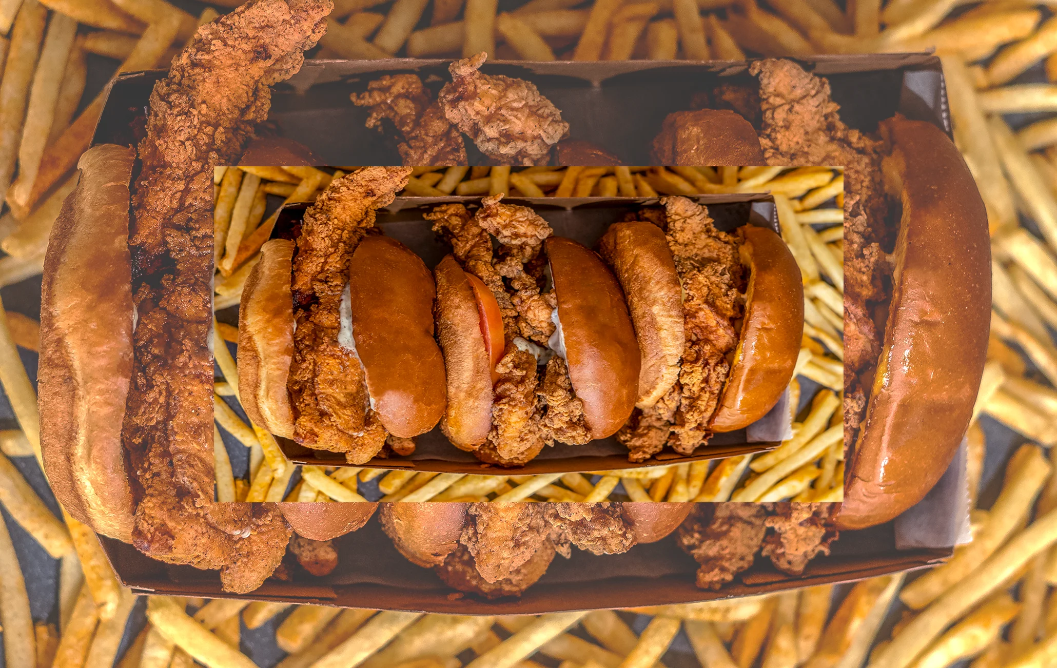 Crispy fried chicken sandwiches with fries