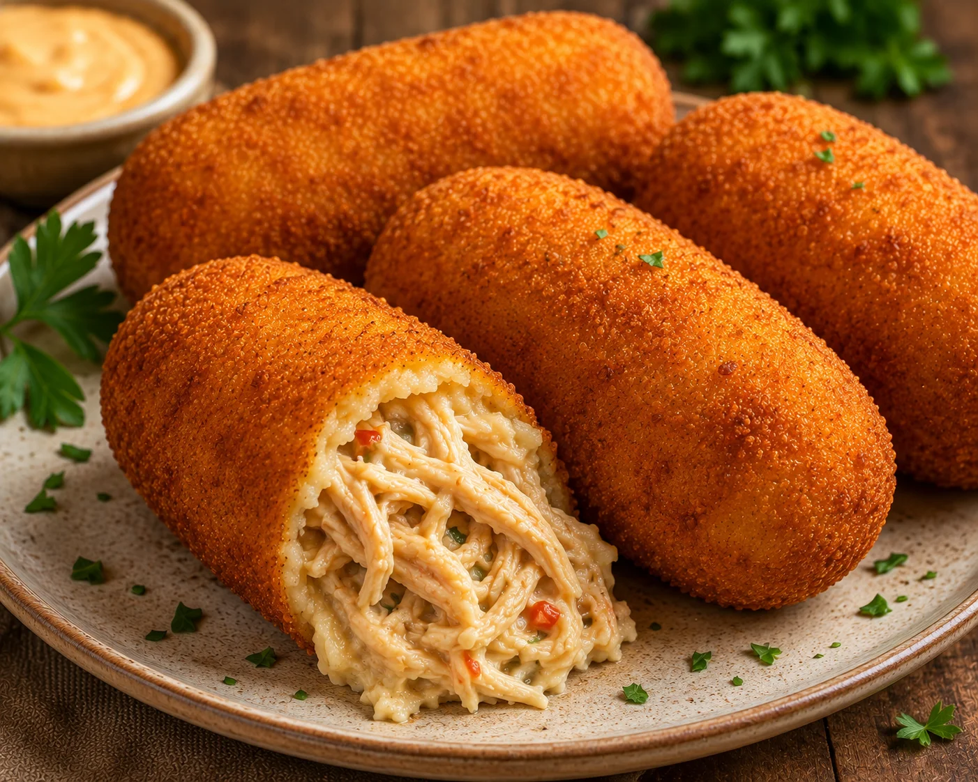 A plate filled with crispy croquettes, revealing a fluffy interior of shredded chicken and vegetables, garnished with parsley and accompanied by a creamy dipping sauce.