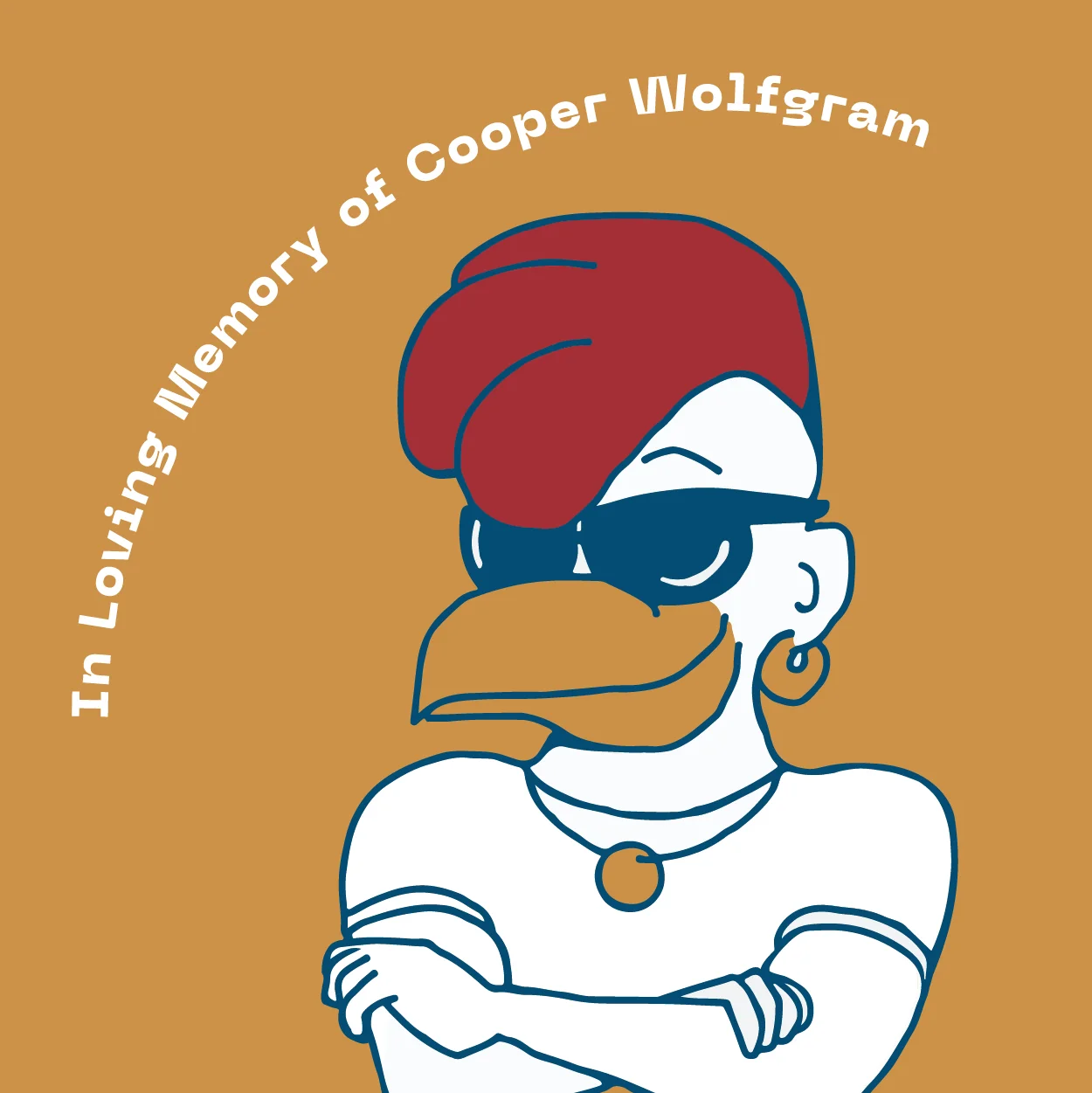 Cartoon character in memory of Cooper Wolfgram with sunglasses and a stylish look