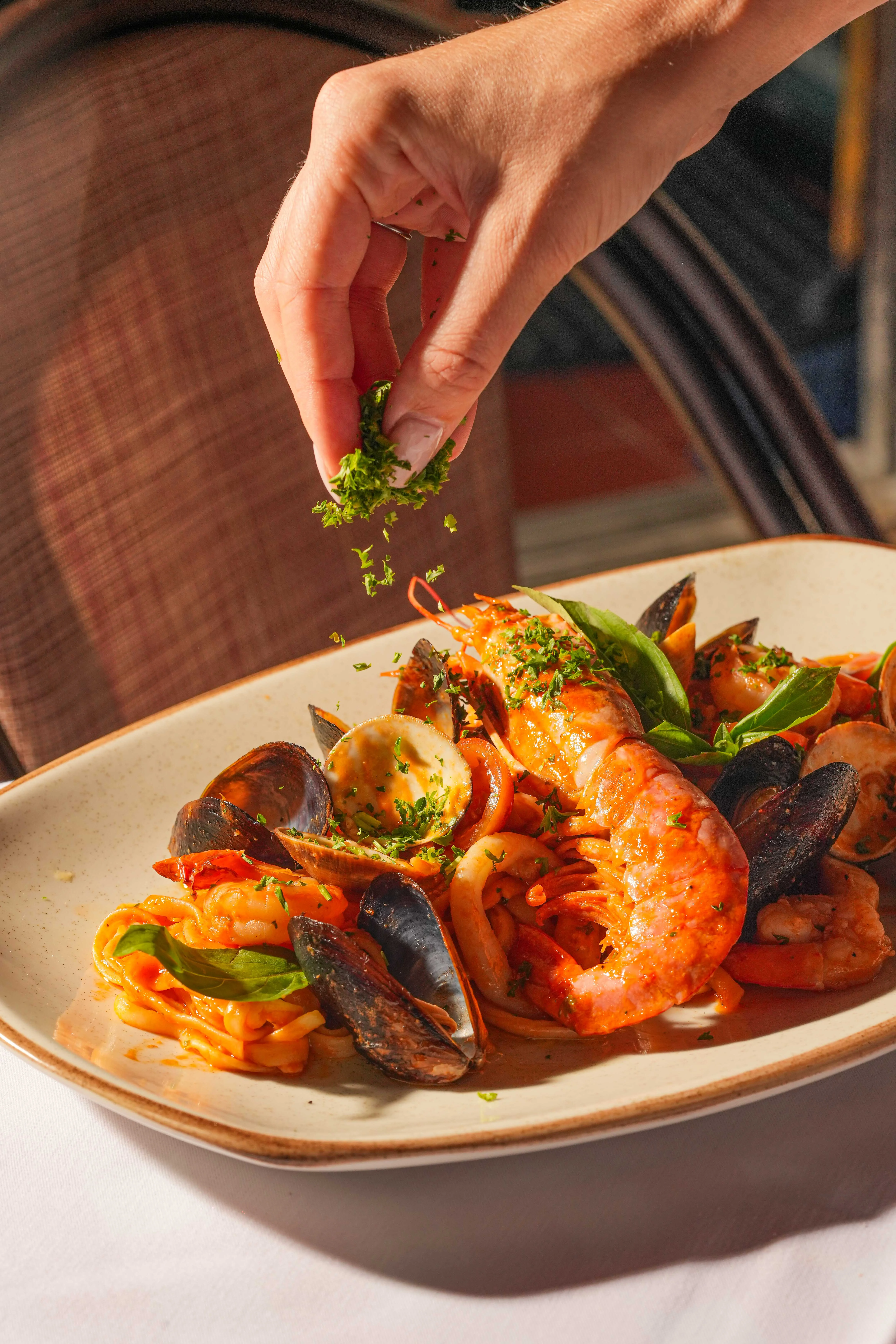 Seafood pasta dish with shrimp and mussels
