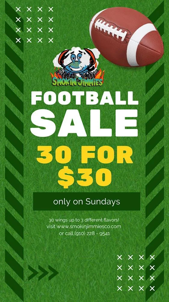 A promotional graphic for a football-themed sale featuring a football, vibrant green background resembling grass, and details about a wing sale.